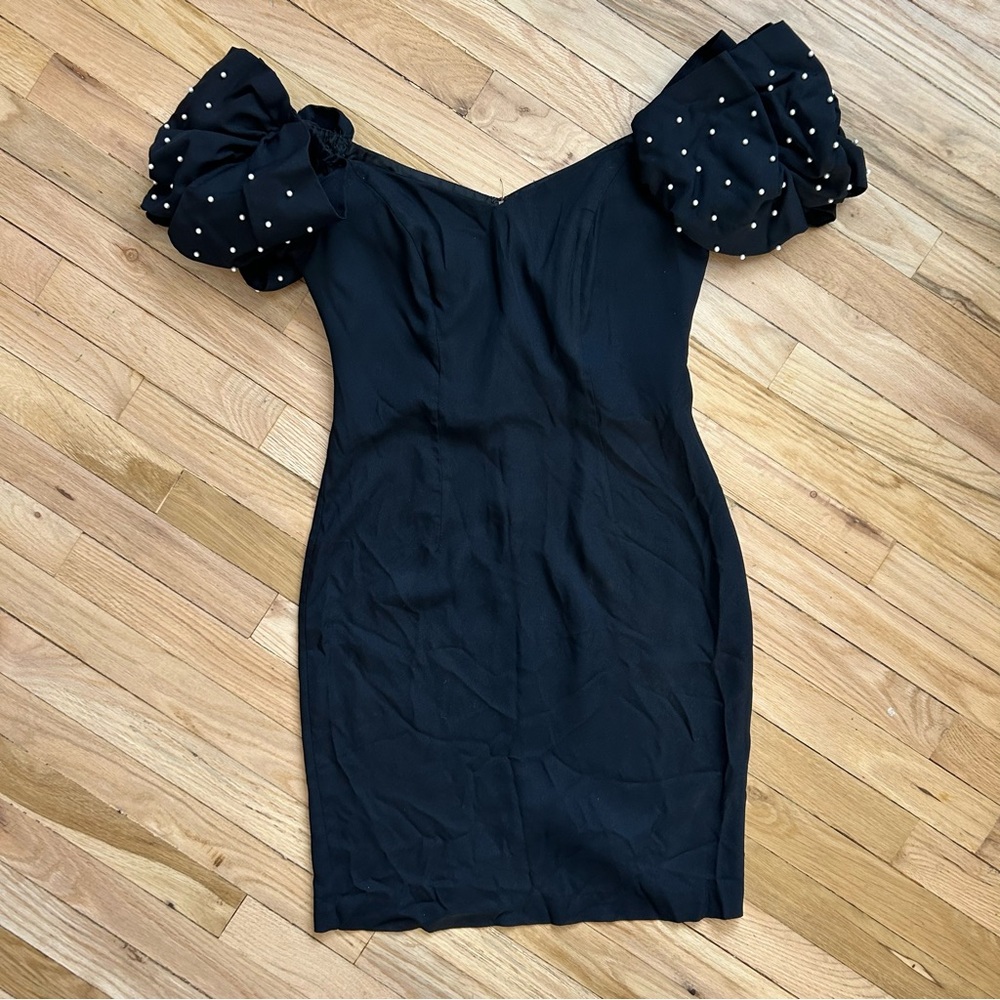 Vintage 80s Puff Sleeves and Pearls Black Cocktail Dress